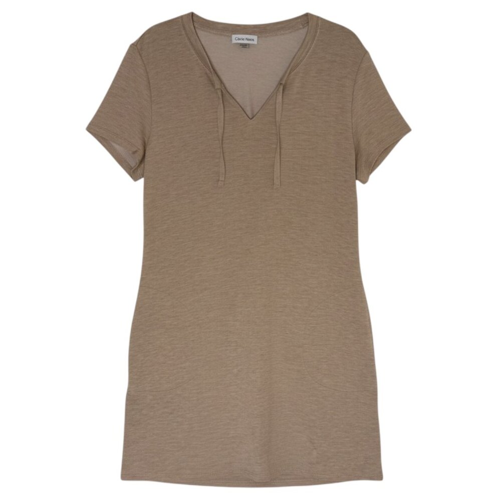 Calvin Klein T Shirt Dress Jersey Knit Tie Neck Pockets Khaki Tan L NWT